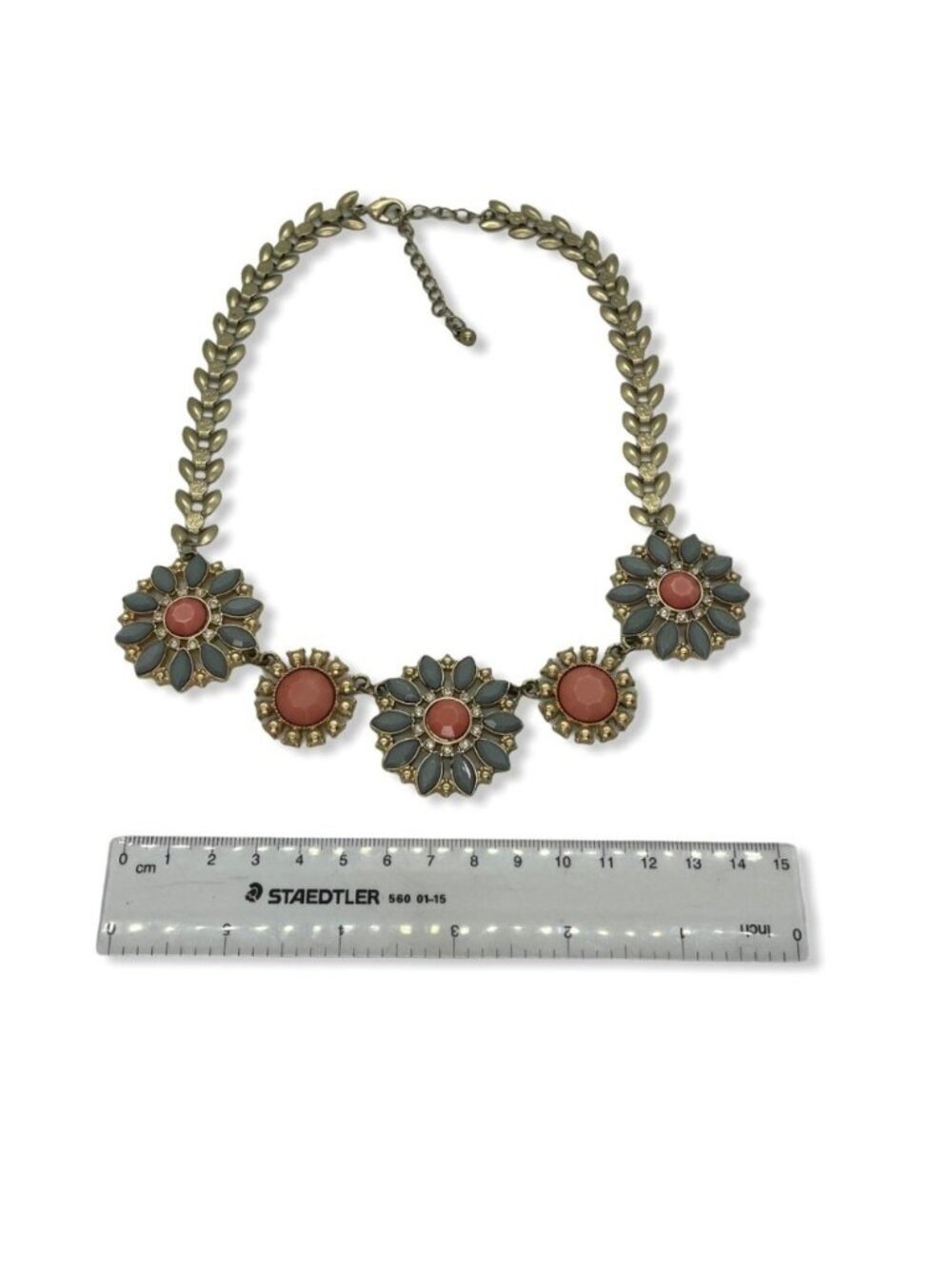 Vintage Floral Statement Necklace Coral & Gray Accents Beach Vacation Boho Chic - Picture 4 of 4